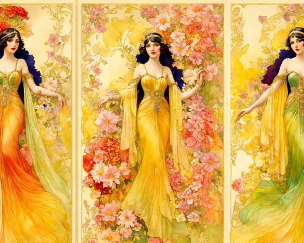 Art Panels of a Woman in Floral Gowns