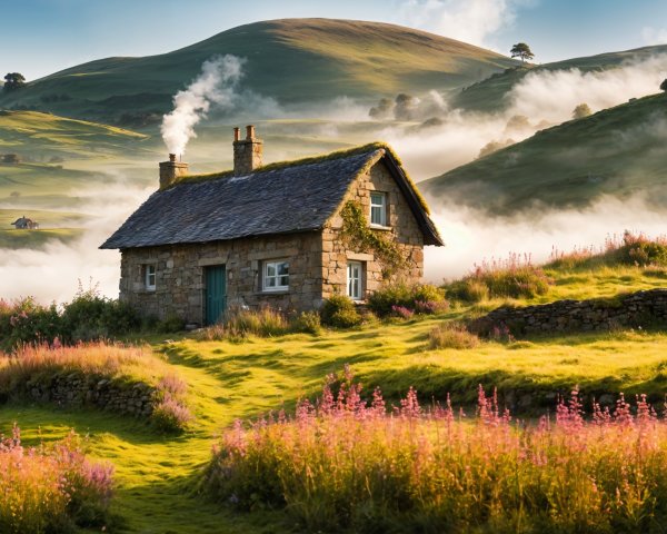 Stone Cottage in Lush Green Hills with Wildflowers