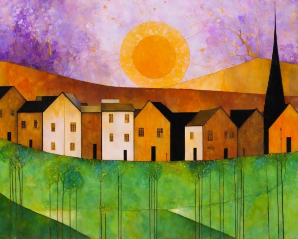 Vibrant Abstract Landscape of a Charming Village