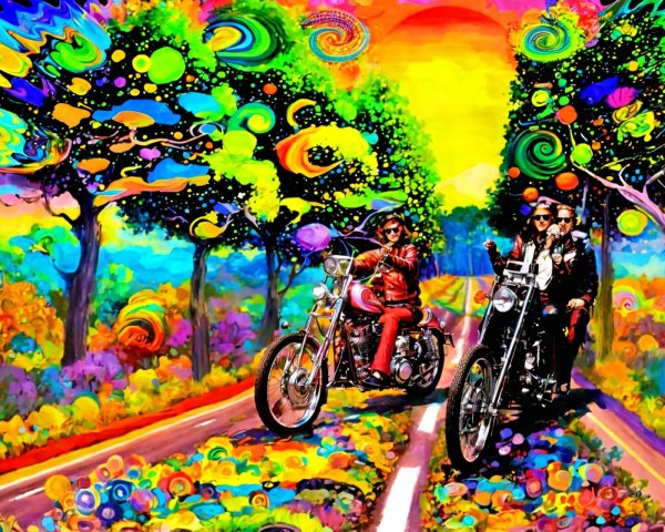 Psychedelic Landscape with Motorcyclists and Abstract Trees