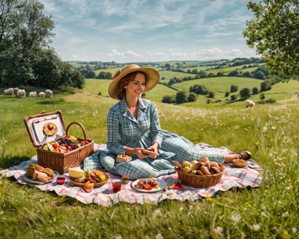 Woman in Blue Dress Picnicking in Scenic Field