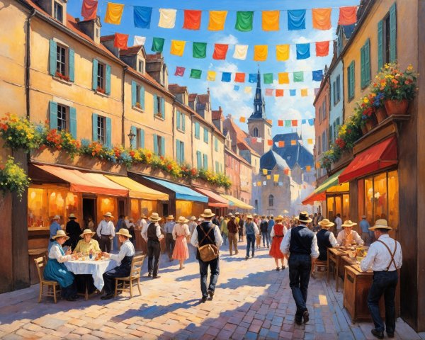 Vibrant Town Square with Colorful Flags and Cafés