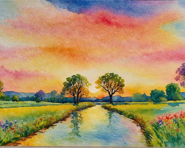 Watercolor Landscape of River at Sunset with Trees