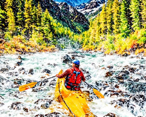 Kayaker on Swift River Surrounded by Lush Landscape