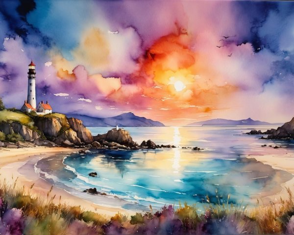 Coastal Landscape with Sunset and Lighthouse Details