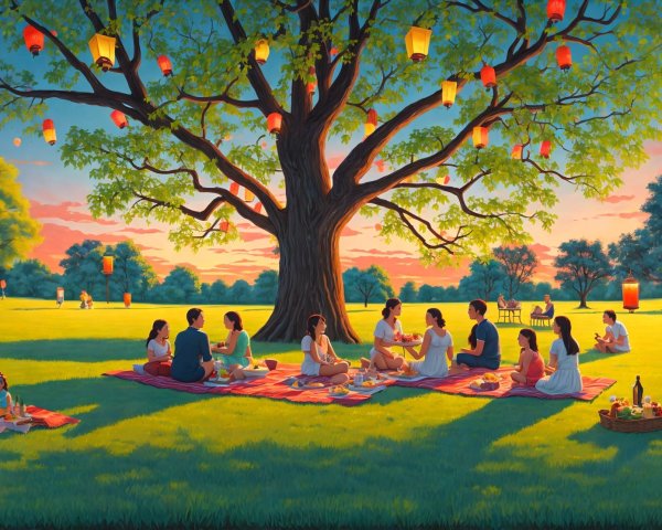 Vibrant Sunset Over a Serene Park Gathering