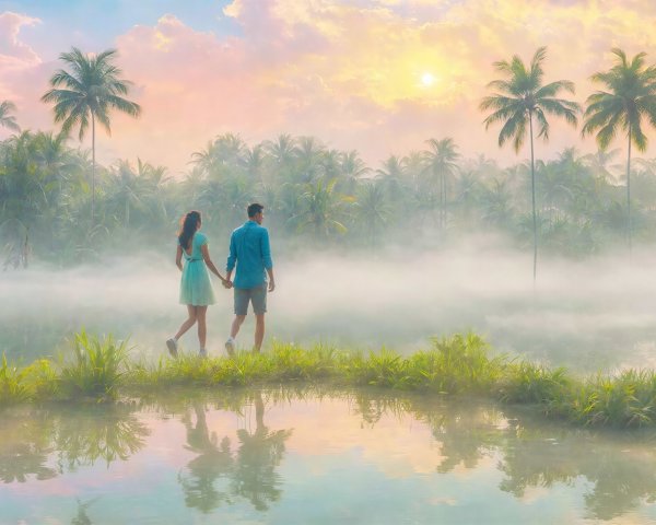 Serene Landscape of Couple Walking by Tranquil Water