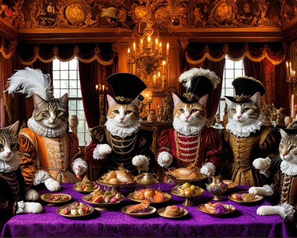 Whimsical Cats in Historical Attire at Lavish Banquet