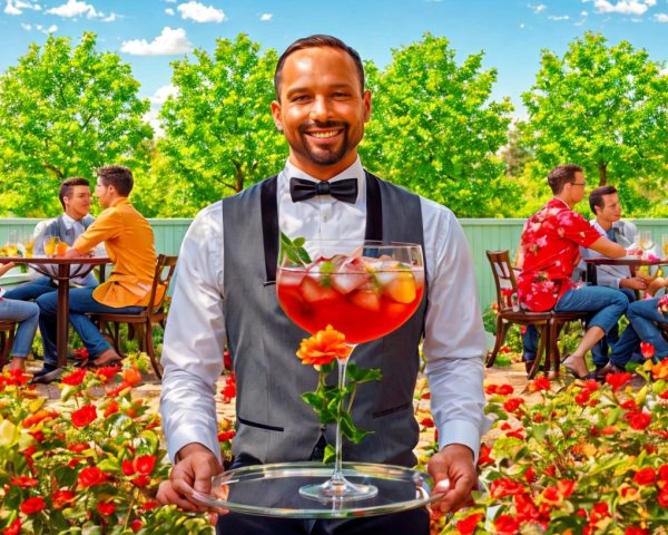 Cheerful Waiter with Cocktail in Colorful Garden Scene