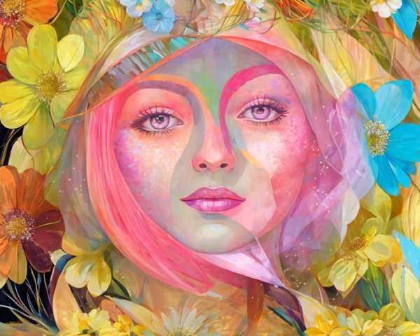 Colorful Artwork of Woman's Face with Flowers