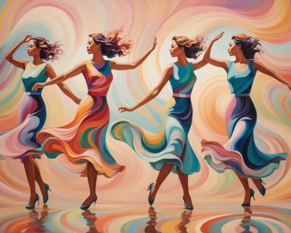 Abstract Dance Illustration of Woman in Colorful Dresses