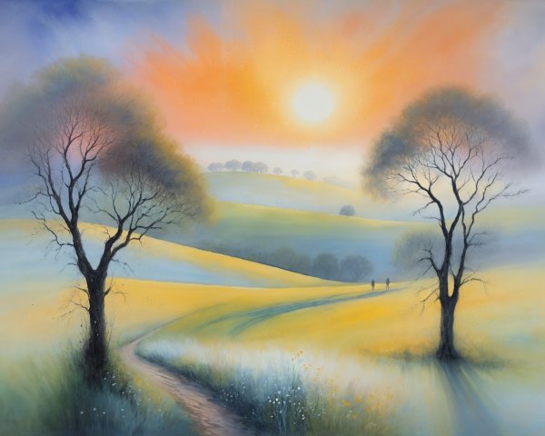 Serene Landscape with Rolling Hills and Leafless Trees