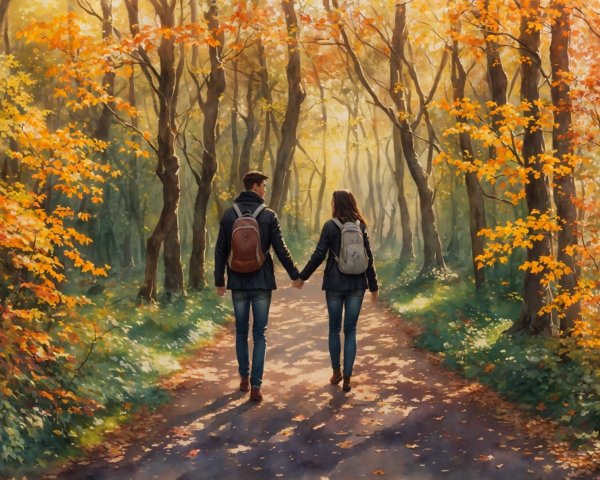 Couple Walking on Serene Forest Path in Autumn Foliage