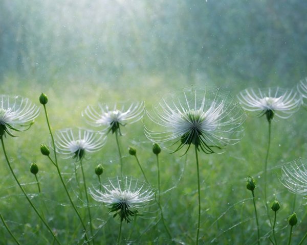 Serene Field of Ethereal Flowers with Misty Backdrop