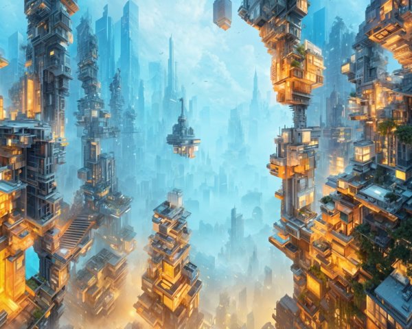 Futuristic cityscape with glowing buildings and mist