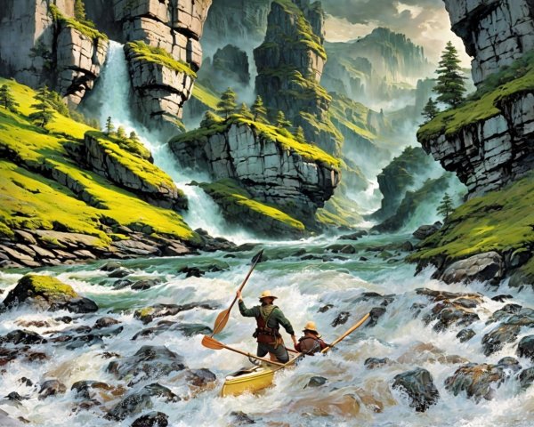 Adventurers Kayaking Through Lush River Landscape