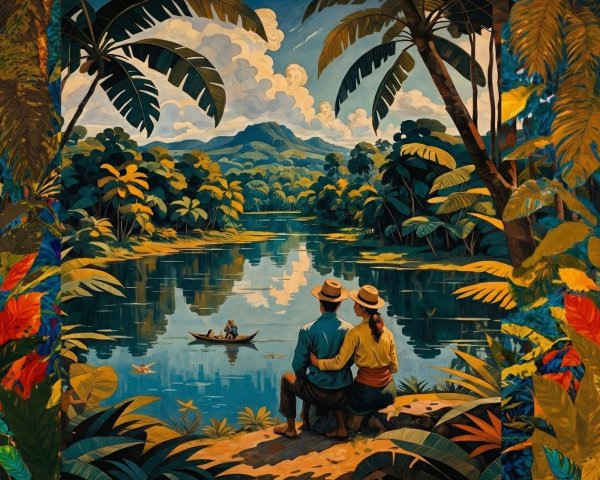 Colorful Painting of Couple by Tropical River Scene