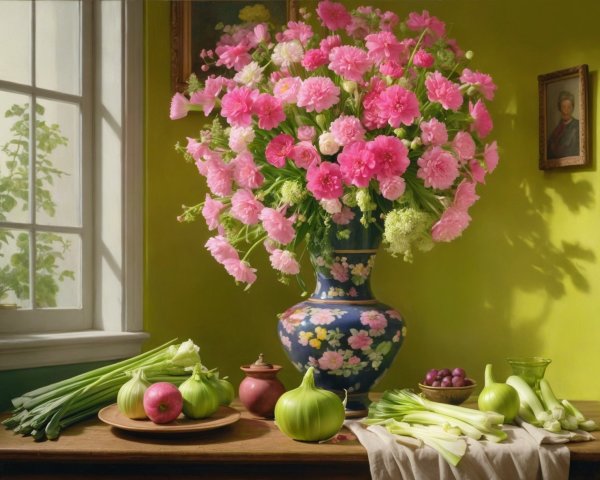 Vibrant Still Life with Pink Carnations and Vegetables