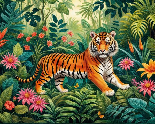 Majestic tiger in vibrant jungle with tropical flowers