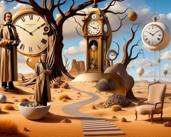 Surreal Desert Scene with Oversized Clocks and Figures