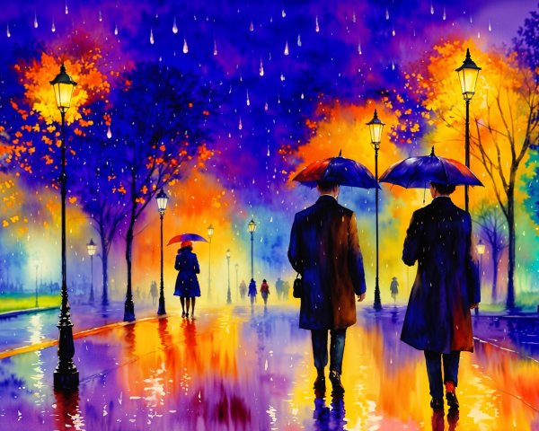 Vibrant Rain-Soaked Path with Glowing Streetlamps