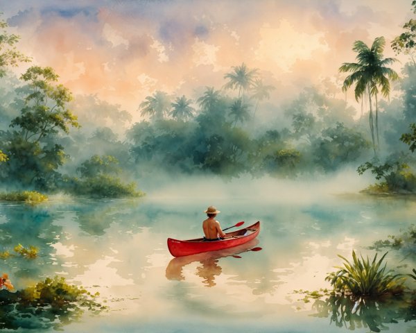 Serene Watercolor of Canoe on Misty Lake at Dawn