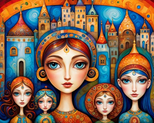 Vibrant Stylized Depiction of Women in Whimsical Cityscape