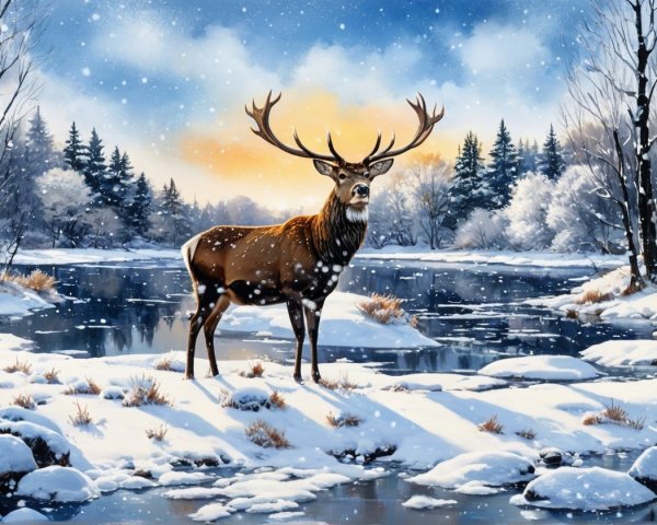 Majestic stag in serene winter landscape with snow