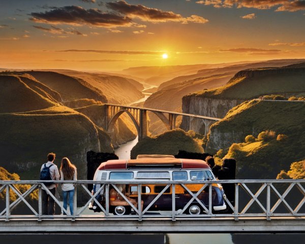 Couple on Bridge with Sunset and Vintage Van Scene