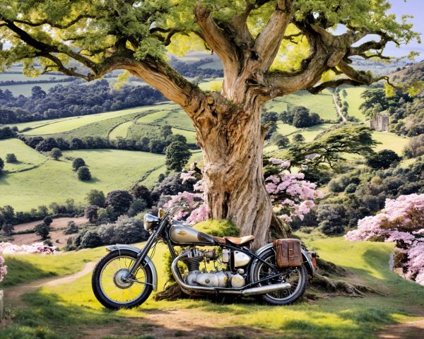 Vintage Motorcycle Under Tree with Pink Blossoms