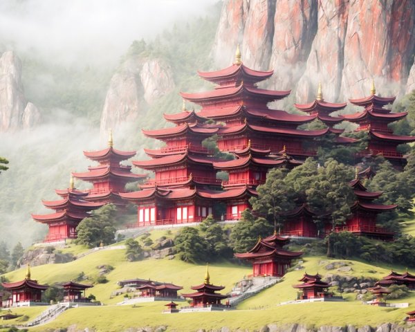 Architectural Complex Surrounded by Hills and Pagodas