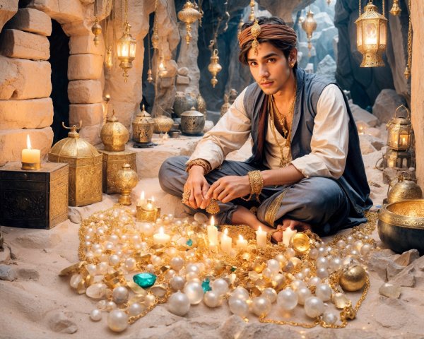 Young man in mystical cave with treasures and lanterns