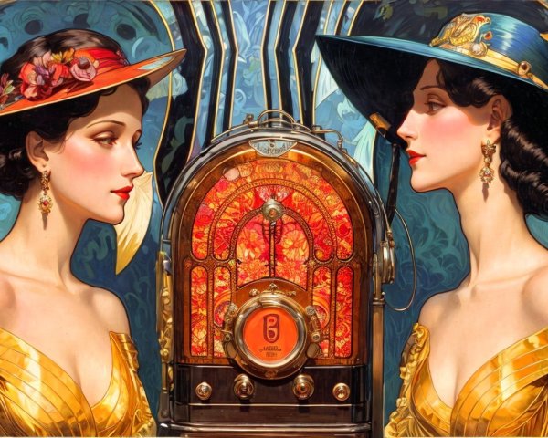 Vintage Fashion with Floral Patterns and Retro Radio