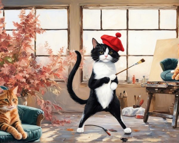 Tuxedo Cat in Beret in Cozy Artist's Studio Scene