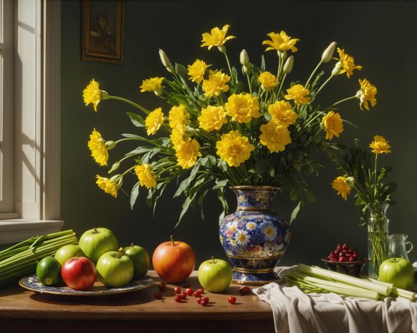 Vibrant Yellow Flowers and Fresh Produce Arrangement
