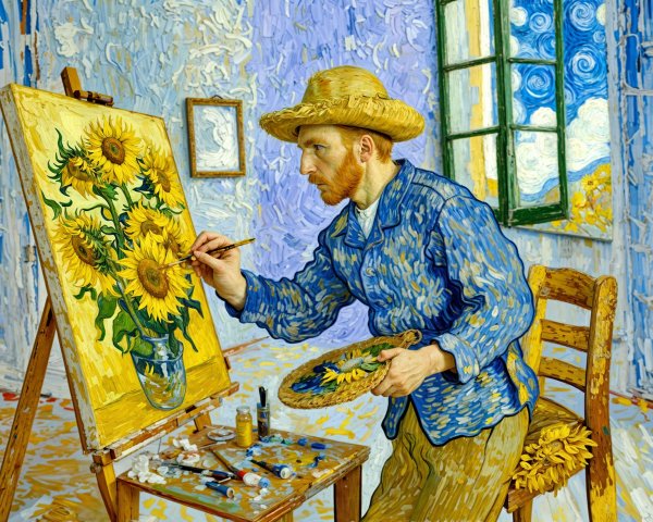 Artist Painting Sunflowers in a Bright Room