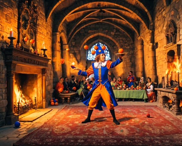 Medieval Jester Juggling in Stone-Walled Hall