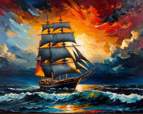 Tall Ship Sailing Through Sunset Waves and Clouds