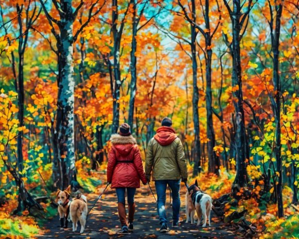 Couple Strolling Through Vibrant Autumn Landscape