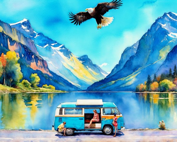 Watercolor Scene of Camper Van by Serene Lake
