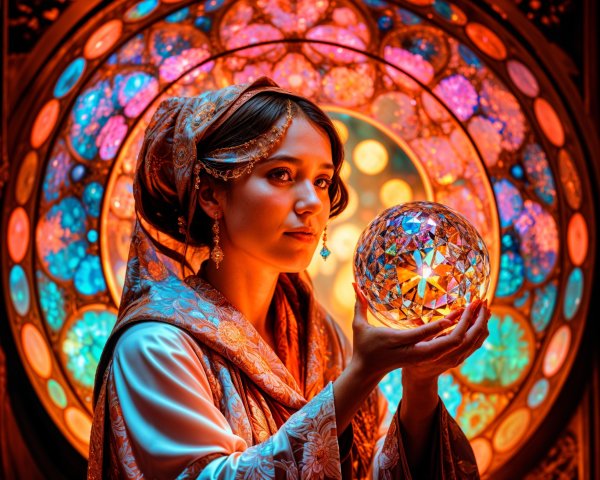 Richly Patterned Garments and Crystal Orb in Stained Glass