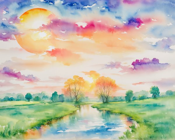 Serene Watercolor Landscape with Sunset and River