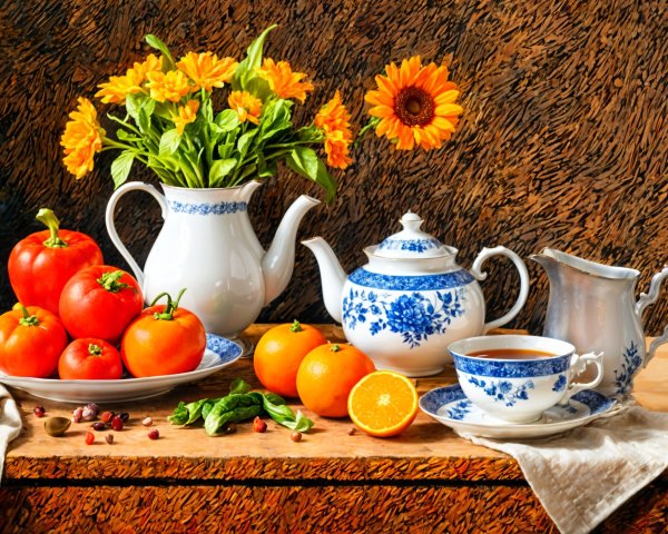 Rustic Table with Floral Arrangement and Fresh Produce