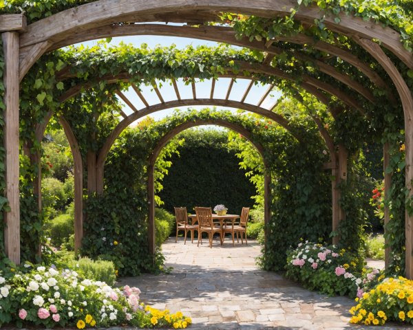 Serene Garden with Wooden Arches and Vibrant Blooms