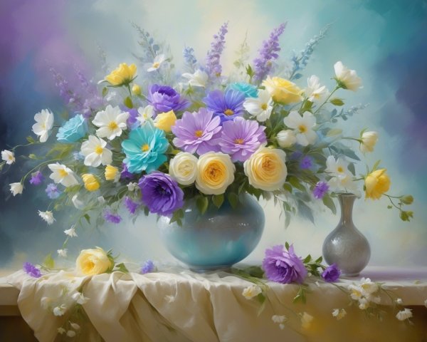 Vibrant Floral Arrangement in Soft Blue Vase