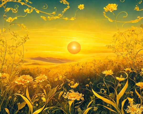Vibrant Sunrise Landscape with Wildflowers and Hills