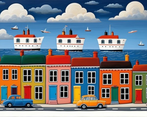 Vibrant Seaside Scene with Colorful Houses and Lighthouses