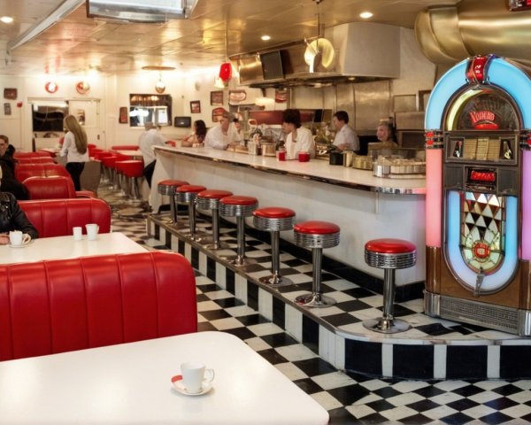 Retro Diner with Vinyl Booths and Jukebox Decor