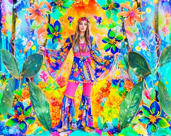 Young woman in floral outfit in vibrant surreal setting