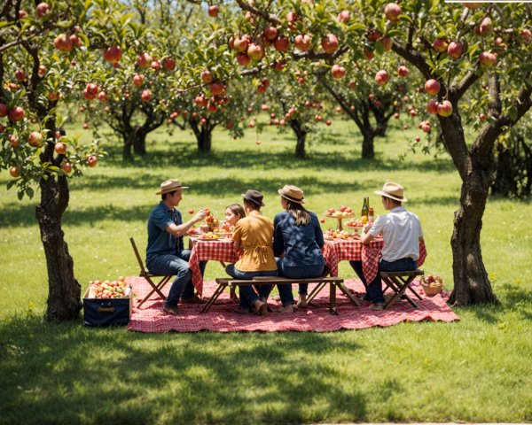 Picnic in an apple orchard with five people gathered